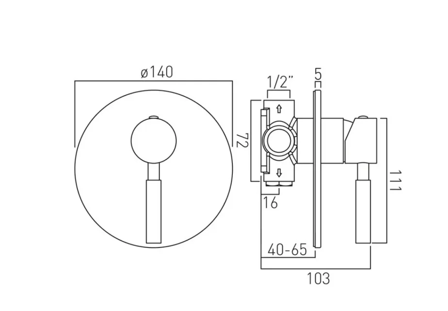 Vado Origins 1 Outlet Single Lever Concealed Manual Valve Chrome technical drawing - Image 2