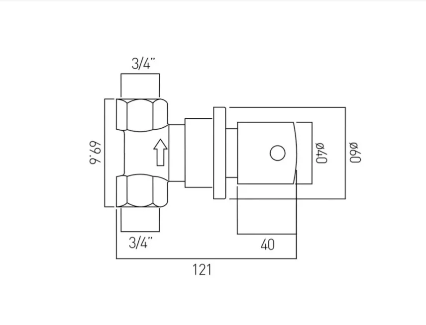 Vado Zoo 3/4" Concealed Stop Valve Wall Mounted Chrome technical drawing - Image 2
