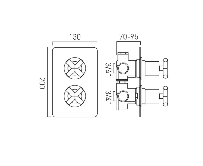 Vado Dx Elements 2 Outlet 2 Handle Concealed Thermostatic Valve Soft Square Backplate Chrome technical drawing - Image 2