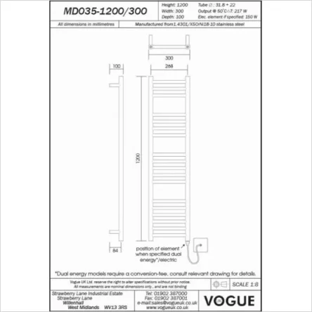 Vogue Chube Towel Radiator Heating Only - Polished Stainless Steel 1200X300 detail view - Image 3