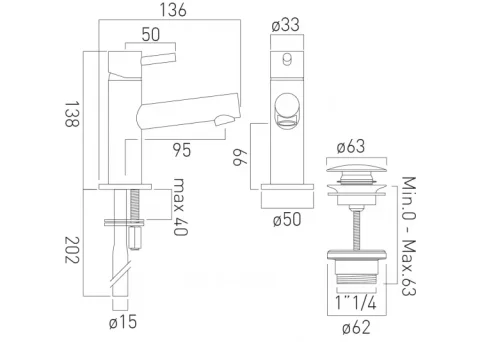 Vado Zoo Mini Mono Basin Mixer Smooth Bodied Single Lever Deck Mounted With Universal Waste Chrome technical drawing - Image 2