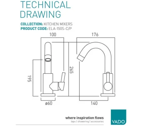 Vado Elements Air Mono Kitchen Mixer Single Lever Deck Mounted With Swivel Spout Chrome technical drawing - Image 3