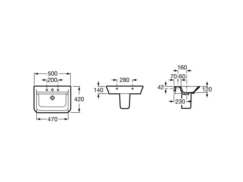 Roca The Gap Wall Hung/on-countertop Basin 500 X 420mm - 1 Taphole technical drawing - Image 2