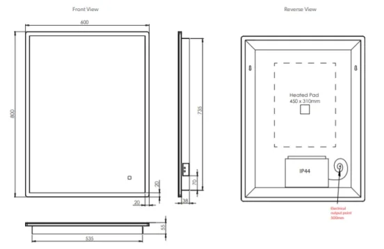 Hib Vega 60 Mirror With Chargng Socket H80 X W60 X D5.5cm technical drawing - Image 2