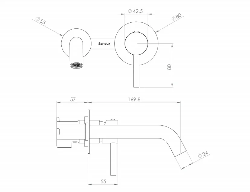 Saneux Cos Wall Mounted 2 Plate Basin Mixer - Chrome technical drawing - Image 2