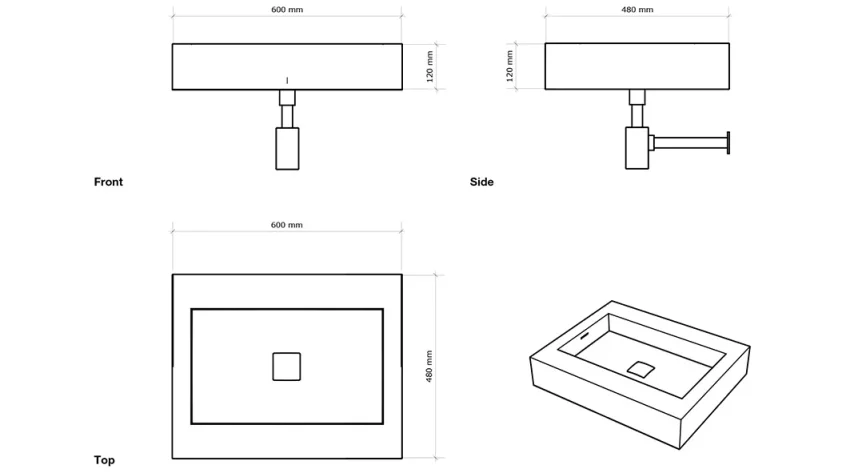 Faeber Infinite S1 Pearl 600mm Single Central Wall Hung Basin White polished technical drawing - Image 2