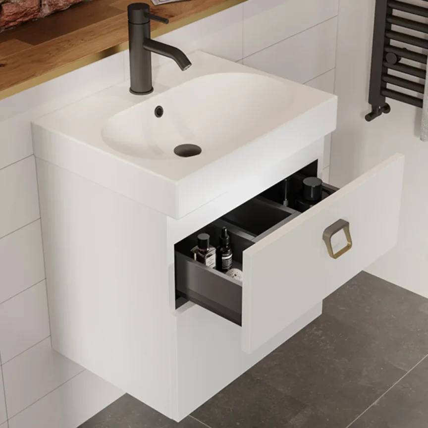 Saneux Austen 50cm 2 Drawer Wall Mounted Unit - Matte White detail view - Image 5