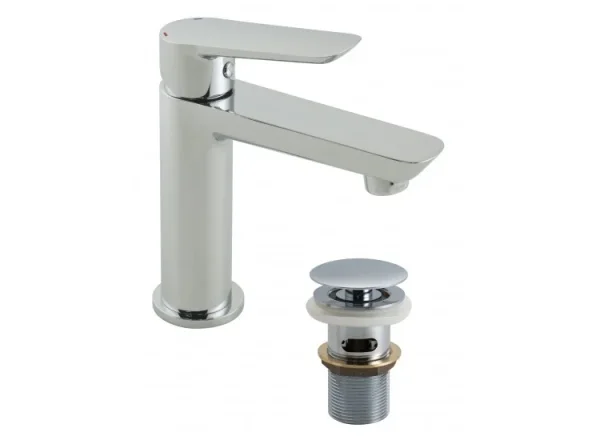 Vado Photon Mini Mono Basin Mixer Smooth Bodied Single Lever Deck Mounted With Universal Waste Chrome detail view - Image 2