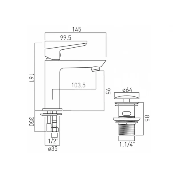 Vado Photon Mini Mono Basin Mixer Smooth Bodied Single Lever Deck Mounted With Universal Waste Chrome technical drawing - Image 4