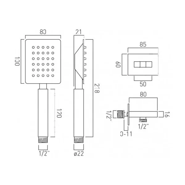 Vado Aquablade Single Function Square Mini Shower Kit With 150cm Shower Hose And Bracket With Integrated Outlet Chrome technical drawing - Image 3