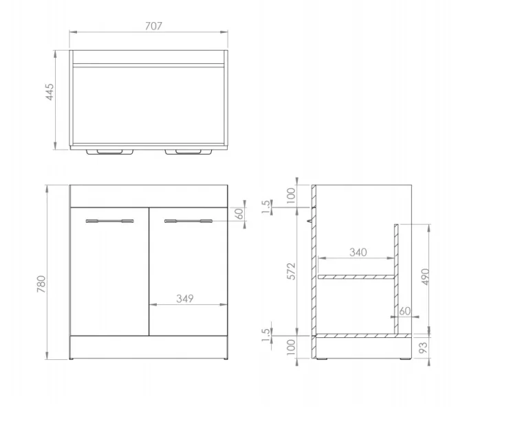 Saneux Austen 72cm 2 Door Floor Standing Unit - Matte Iron Grey technical drawing - Image 2