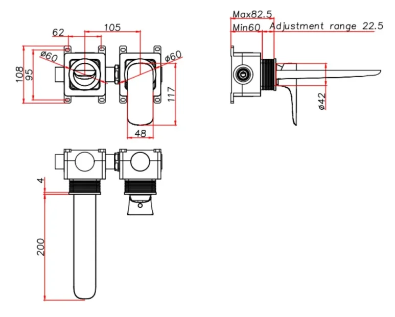 Ava Purity 2 Hole Wall Mounted Basin Mixer W/ Flanges - Brushed Stainless Steel technical drawing - Image 2