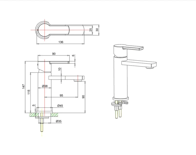 Crosswater Wisp Mini Monobloc Basin Mixer Tap without Waste Matt Black technical drawing - Image 2