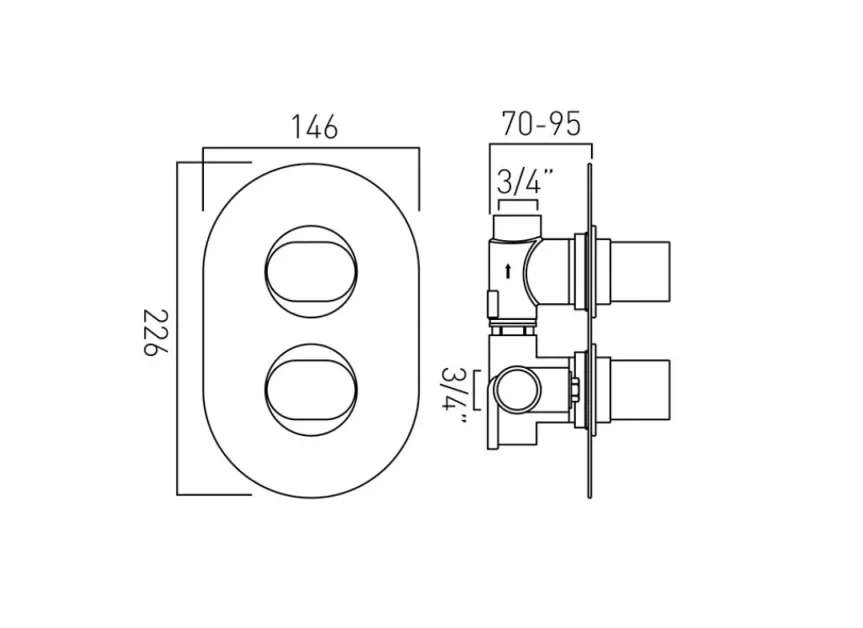 Vado Dx Life 1 Outlet 2 Handle Concealed Thermostatic Valve Chrome technical drawing - Image 2