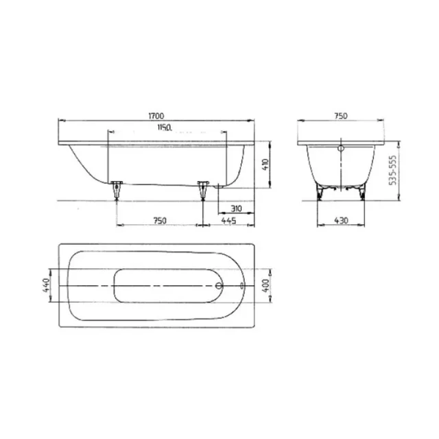 Kaldewei Saniform Plus 1700 X 750mm Bath - White - No Tap Hole (excl. Feet) technical drawing - Image 5