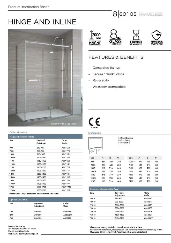Merlyn 8 Series Frameless Hinge & Inline 1000+mm technical drawing - Image 3