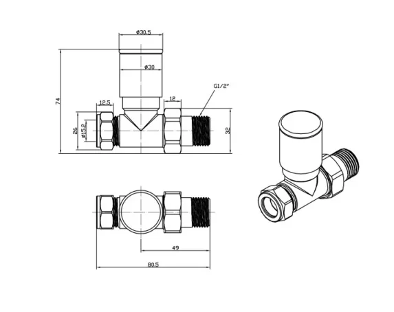 Just Taps Straight Radiator Valve Brushed Black technical drawing - Image 2