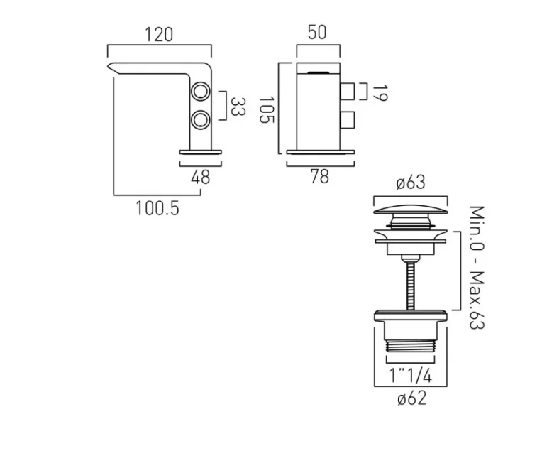 Vado Omika Mini Mono Basin Mixer With Universal Waste Chrome technical drawing - Image 2