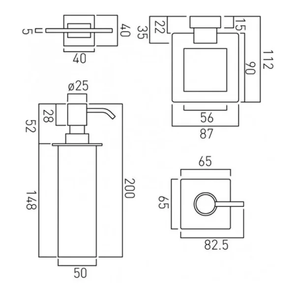 Vado Level Soap Dispenser Wall Mounted Chrome technical drawing - Image 3