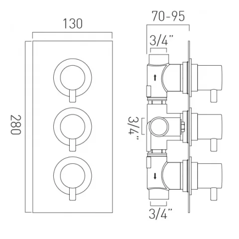 Vado Dx Celsius 2 Outlet 3 Handle Concealed Thermostatic Valve Rectangular Backplate Chrome technical drawing - Image 2