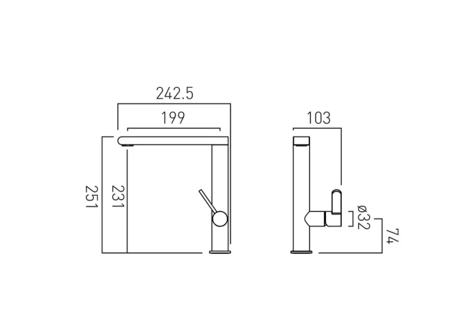 Vado Ion Mono Kitchen Mixer Deck Mounted Chrome technical drawing - Image 2