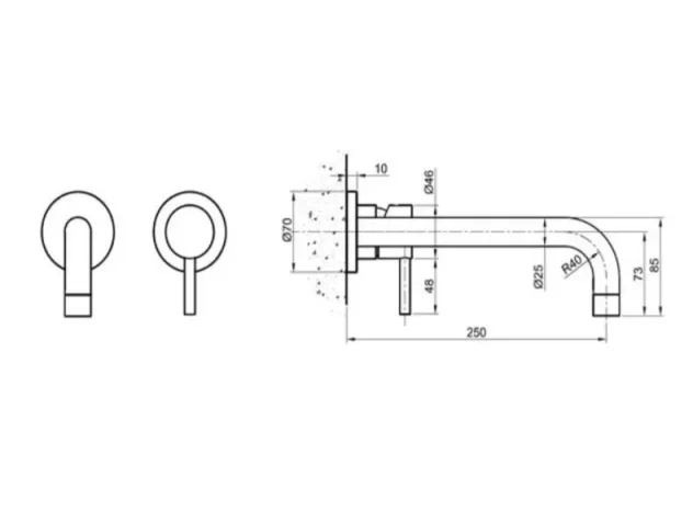 Just Taps Inox 2 Hole Wall Mounted Single Lever Basin Mixer Tap Stainless Steel technical drawing - Image 2