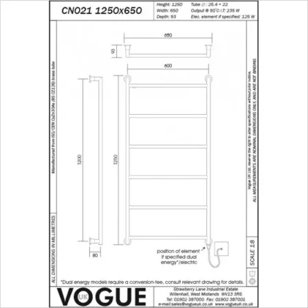 Vogue Vivid Towel Radiator Dual Energy - Chrome 1250X650 technical drawing - Image 3