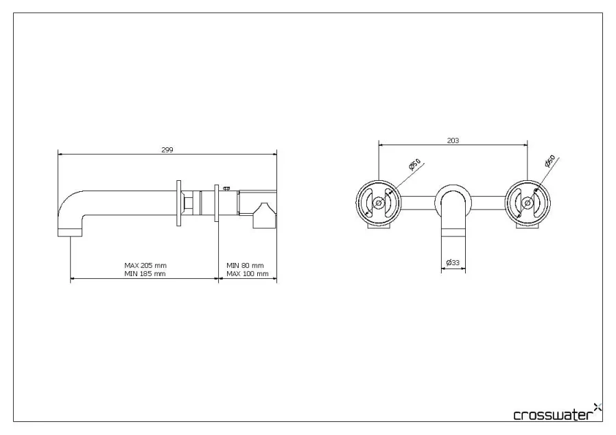 Crosswater Union Basin 3 Hole Set Wall Mounted Brushed Black Chrome technical drawing - Image 2
