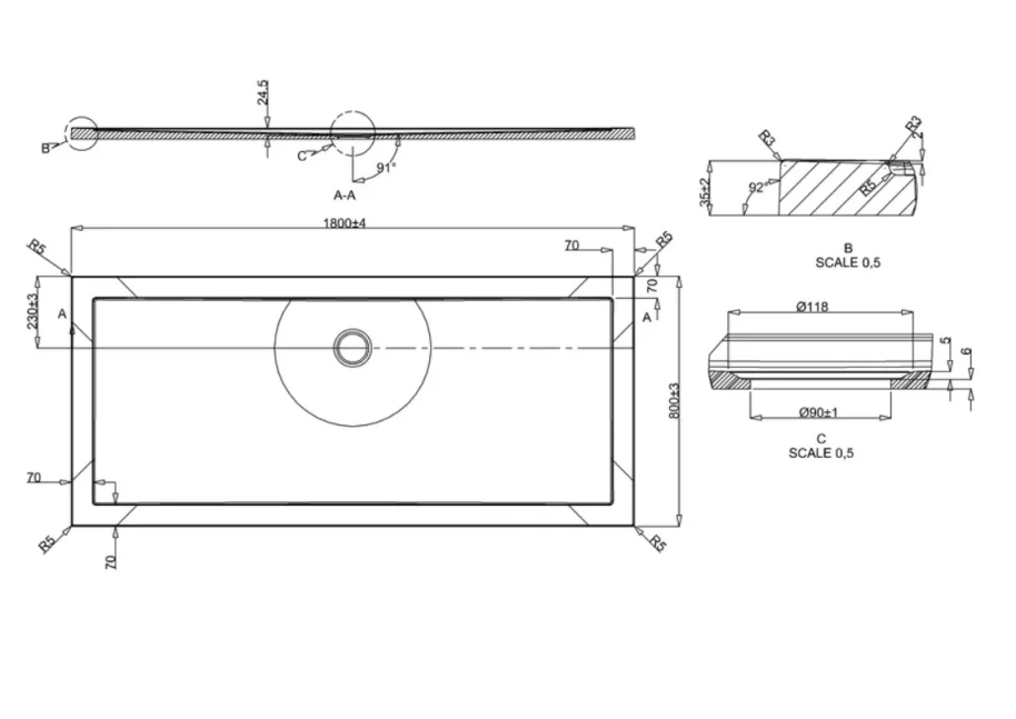 Crosswater Rectangle Shower Tray 1800mm X 800mm X 35mm technical drawing - Image 2