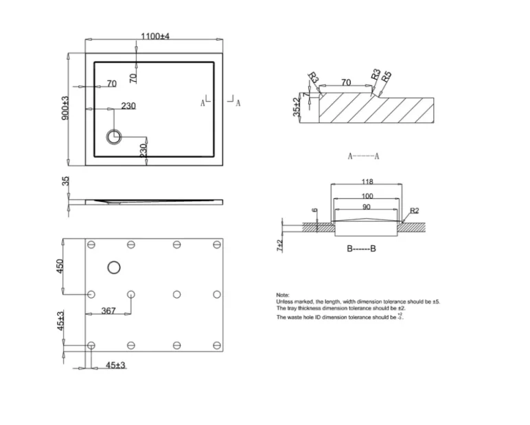 Crosswater Rectangular Shower Tray 900x1100 technical drawing - Image 2