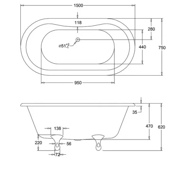 Burlington Windsor Double Ended Bath 1500mm X 750mm technical drawing - Image 2