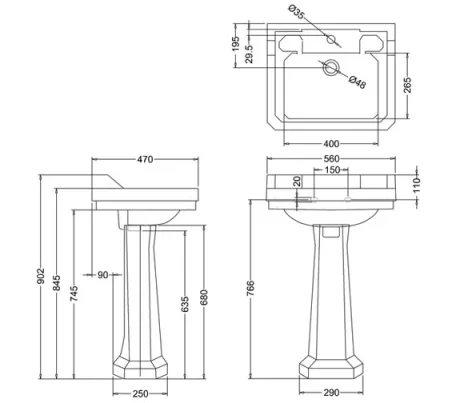 Burlington Edwardian Basin 56cm 1th technical drawing - Image 2