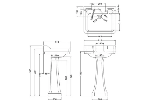 Burlington Edwardian 610 3TH Basin and Standard Pedestal technical drawing - Image 2