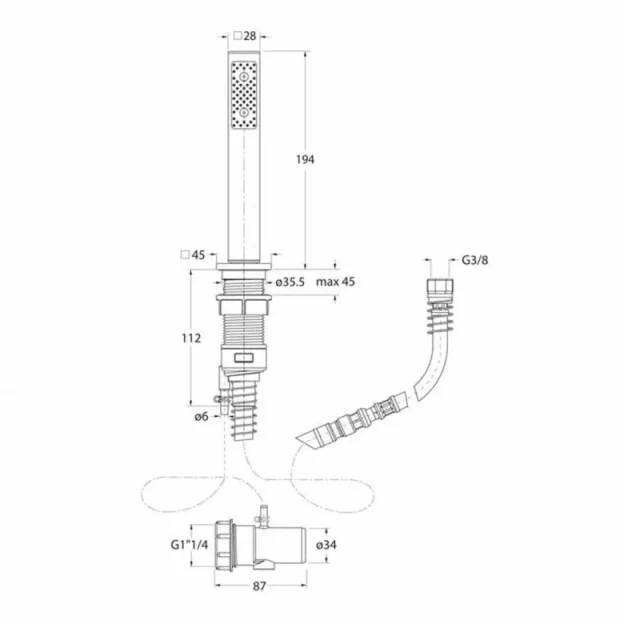 Crosswater Square Follow Me Shower Kit with Shower Handset and Hose Chrome technical drawing - Image 3