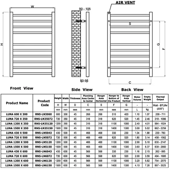 Reina Luna 500 X 430 Flat Stainless Steel Towel Rail technical drawing - Image 3