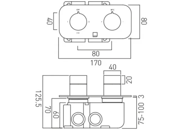 Vado Tablet Altitude 2 Outlet 2 Handle Concealed Thermostatic Valve Horizontal Chrome technical drawing - Image 2