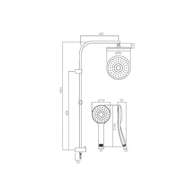 Vado Round Rigid Riser Kit Round With Diverter And Integral Outlet For Use With Concealed Valves Chrome technical drawing - Image 3