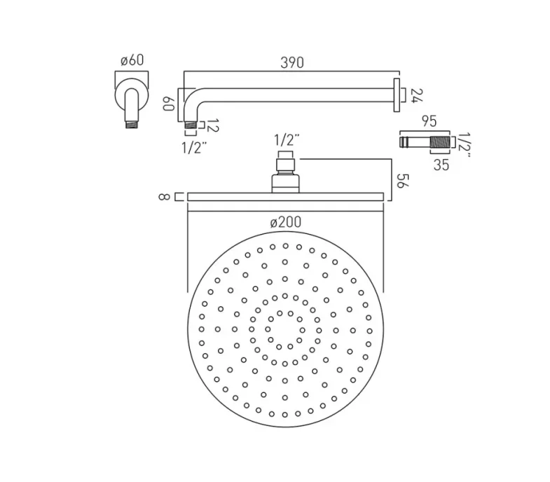 Vado Atmosphere Air-injected Round 200mm Shower Head With Arm Chrome technical drawing - Image 2