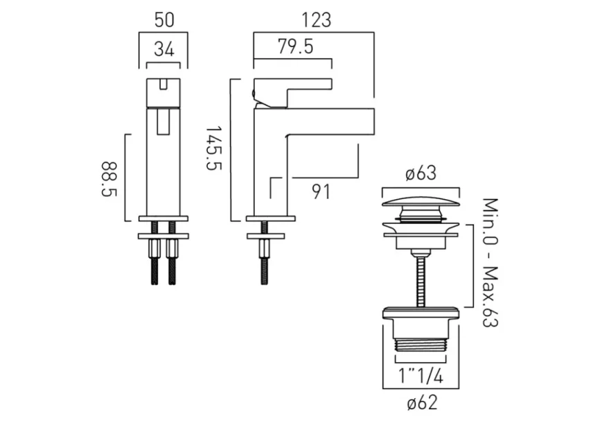Vado Edit Mini Mono Basin Mixer With Universal Waste Chrome technical drawing - Image 2