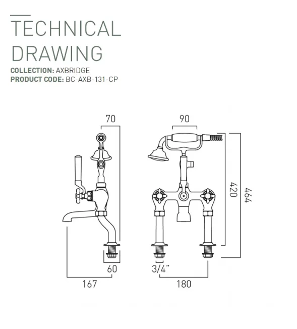 Booth & Co. Deck Mounted Bath Shower Mixer With Shower Kit Chrome & White technical drawing - Image 2