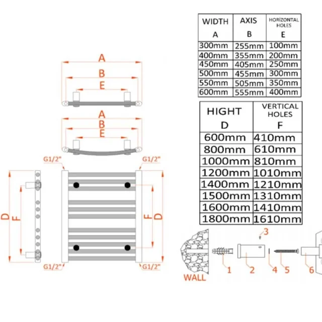 Reina Diva 500 X 1600 Towel Radiator Chrome Curved technical drawing - Image 3