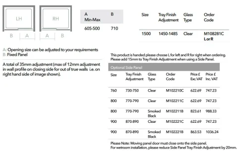 Merlyn 10 Series Sliding Door Right Hand 1500mm technical drawing - Image 2