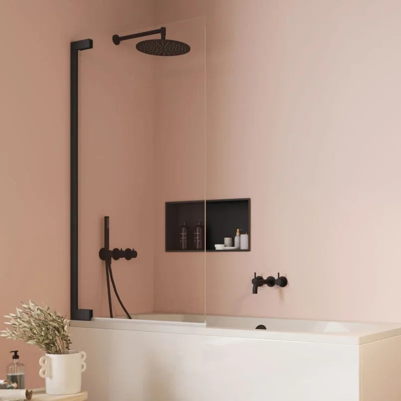 Crosswater Asura 8mm Hinged Bath Screen 900 Matt Black product image - Image 1