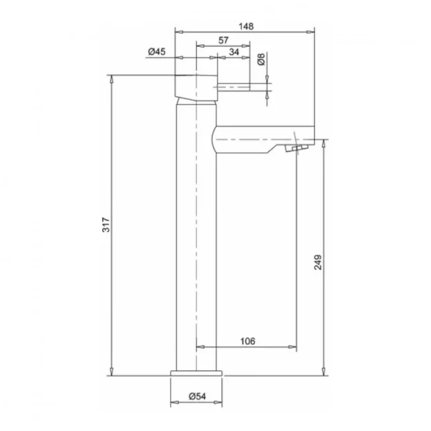 Crosswater Kai Lever Basin Tall Monobloc No Waste Deck Mounted Chrome technical drawing - Image 4