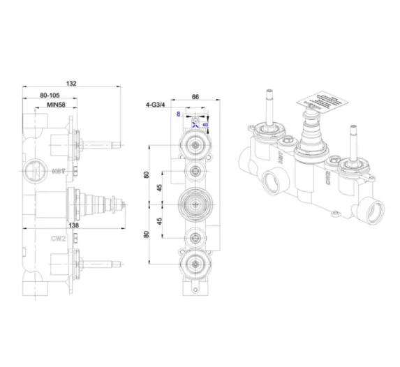 Crosswater 2 Outlet Valve Body With No Collars detail view - Image 3