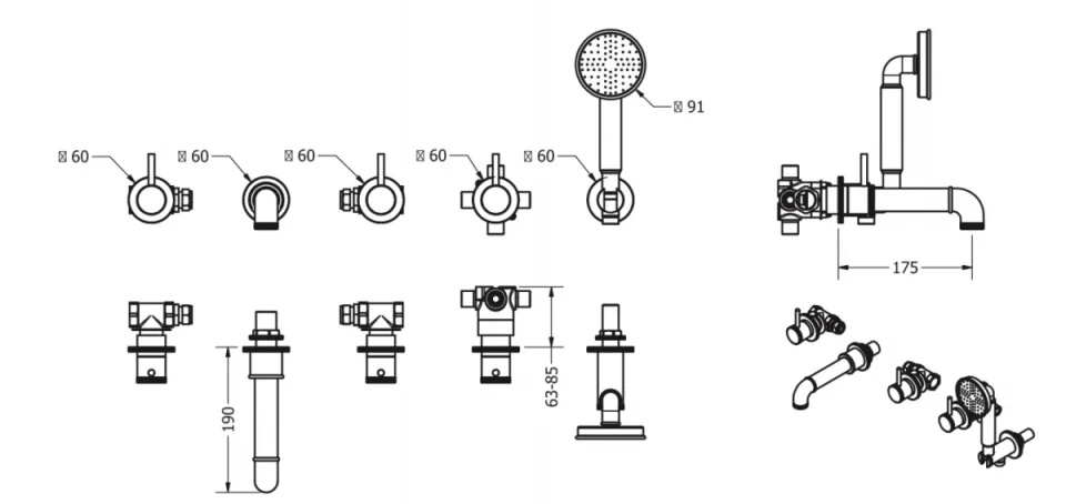 Crosswater Mpro Industrial 5 Hole Bath Filler With Spout & Handset Wall Mounted Chrome technical drawing - Image 2