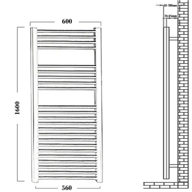 Reina Diva 600 X 1600 Towel Radiator Chrome Flat technical drawing - Image 4