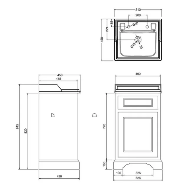 Burlington Freestanding Basin Unit With Doors Grey technical drawing - Image 2