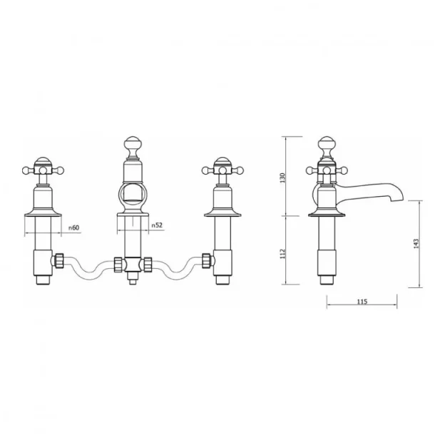 Crosswater Belgravia Traditional 3 Hole Deck Mounted Crosshead Basin Mixer Tap Set Nickel technical drawing - Image 3