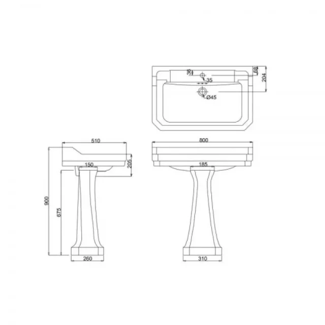 Burlington Edwardian 80cm Basin 2th technical drawing - Image 2